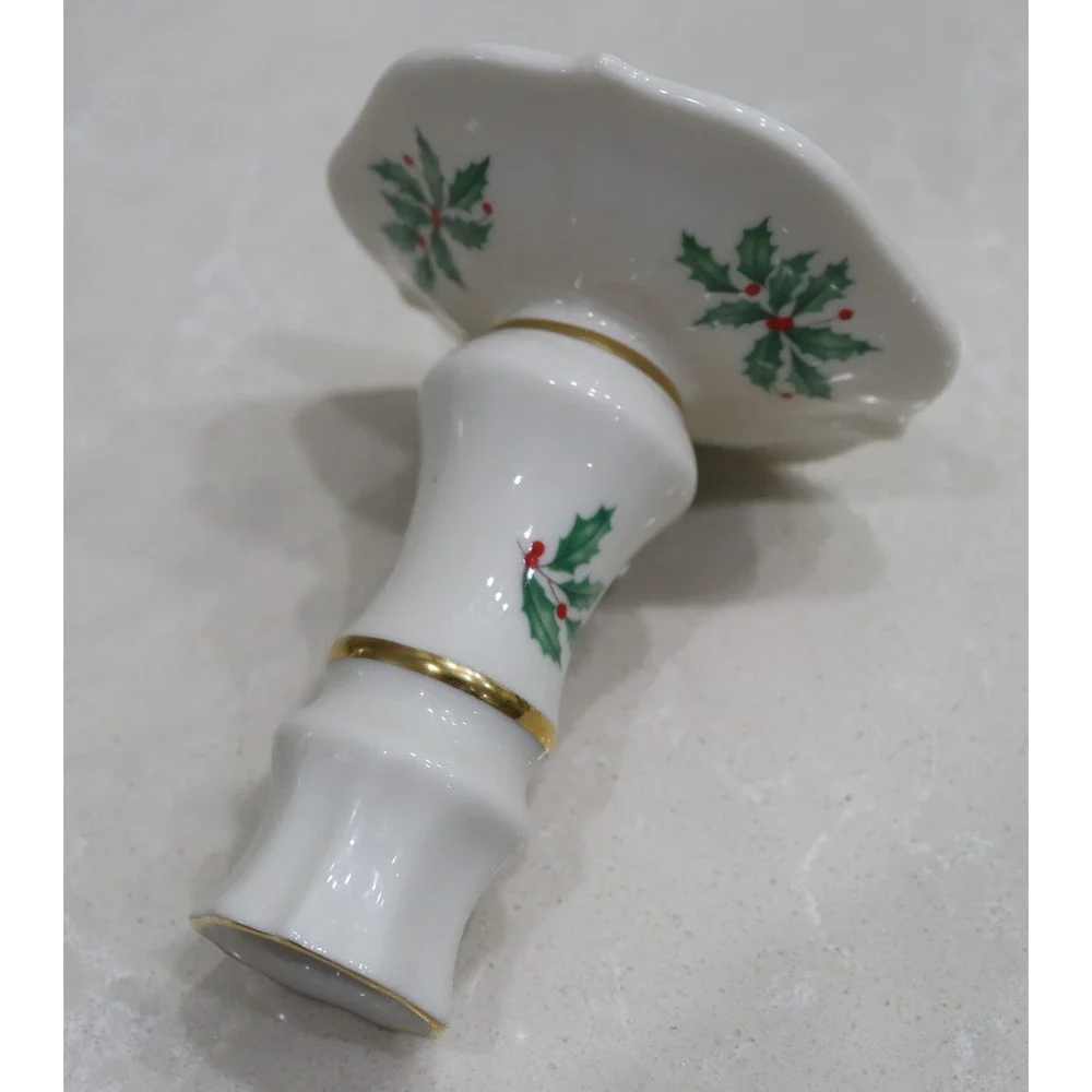 Lenox Holiday Candlestick Holder Holly Berry Gold Trim Ivory China Made in USA